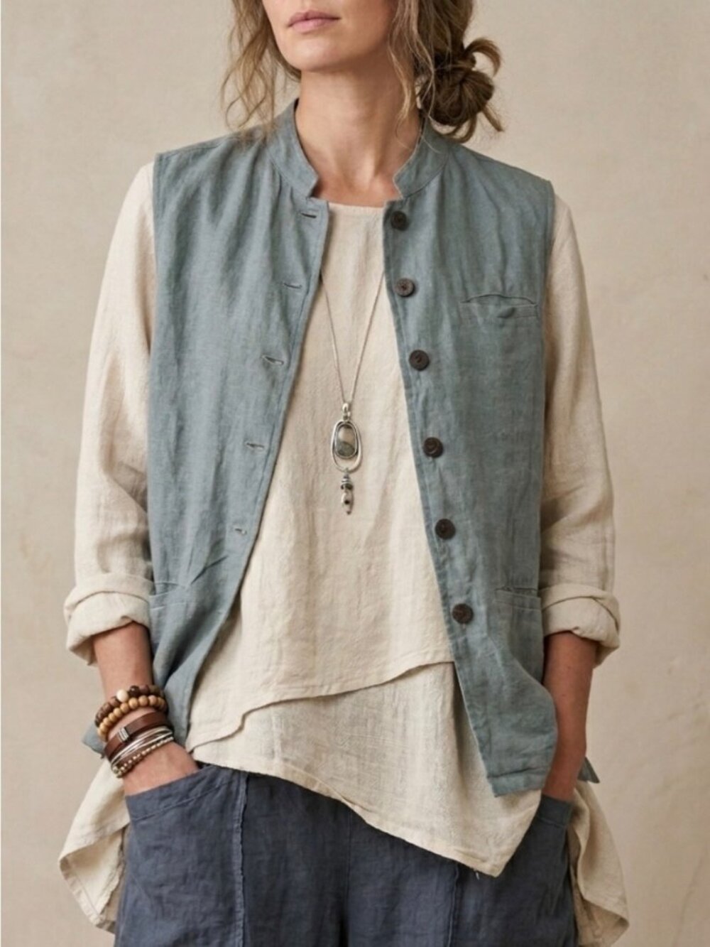Vintage Lagenlook Linen Vest Nehru Jacket Sz L Unisex Coastal Mandarin